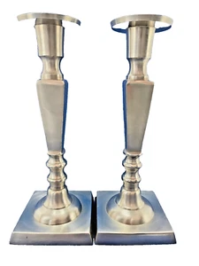Candle Sticks Pewter Cast Metal Restoration Hardware 10” Pillar or Taper Pair - Picture 1 of 15