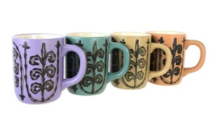 Set of Four Vtg Ceramic Coffee Cups Blue Purple Yellow Orange Marked 92/4 - Picture 1 of 6
