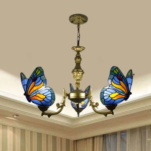 Tiffany blau Schmetterling Kronleuchter Lampe Leuchte Retro Buntglas Deckenleuchte - Bild 1 von 11