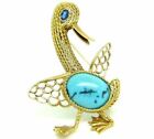 Vintage Brooch Unoarre Years' 70 Gold 18 Carats With Turquoise & Sapphire Duck -