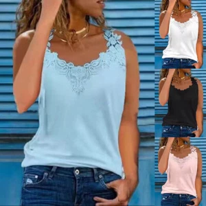 Womens Lace V Neck Tank Tops Vest Ladies Sleeveless Casual Loose Cami T-Shirt US - Picture 1 of 18