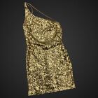 Deb Gold Sequin Mini Dress One Shoulder Sheath Party Vintage Y2K Mob Wife