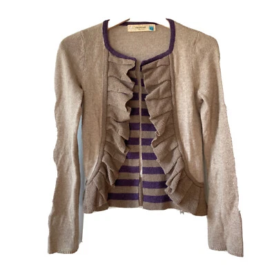 Anthropologie Sparrow Brown Ruffled Masked Stripes Long Sleeve Open Cardigan XS - Image 1 of 4