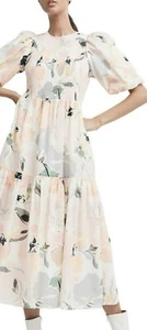 Witchery pastel floral shirred balloon sleeve tiered midi dress - size 10 - Picture 1 of 6