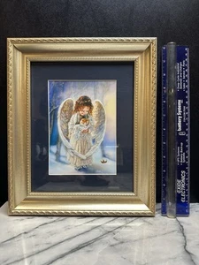 VTG Sandra Kuck Angel Art Litho Print Navy Glass Gold Wood Framed Christmas Joy - Picture 1 of 5