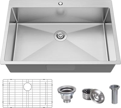 KOXKING Drop-in Kitchen Bar Sink 33×22×9 Single Bowl Top-Mount Stainless Steel No Faucet