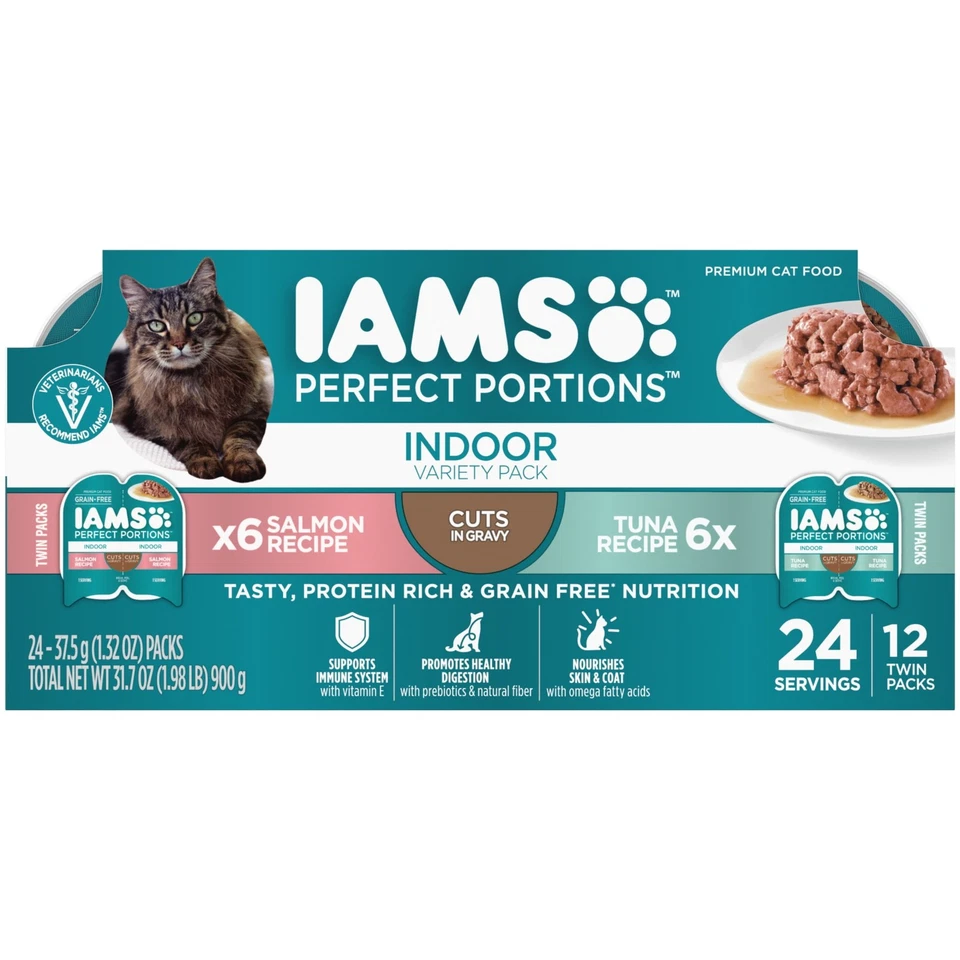 Iams Indoor Grain Free Wet Cat Food, 12 Twin-Pack Trays Tuna Salmon Variety Pack - Image 1 of 4