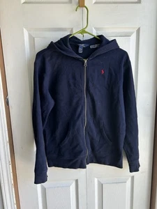 Boys Polo Ralph Lauren Navy Blue Full Zip Hoodie Classic Small Pony Sz Large - Picture 1 of 5