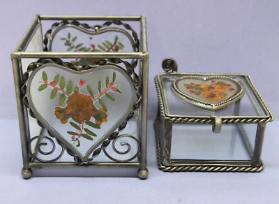 Castiçal de vidro coração e flores e dobradiça caixa de joias bugigangas - metal soldado - Imagem 1 de 4