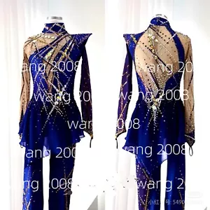 vestito competizione pattinaggio figura ghiaccio ginnastica costume danza vestito blu tintura - Foto 1 di 6