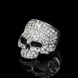 Punk Hip-hop Austrian Crystal Skull Rings for Men Rock Rhinestone Biker Ring Fas - Picture 1 of 12