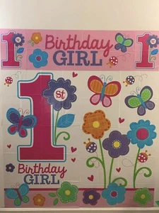BabyGirl 1st Birthday FLOWER&BUTTERFLY/SPRING Decorations,candles,Bib-pink/multi - Picture 1 of 24