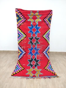 Vintage Berber Moroccan Red Cotton Rug 4x8 Handmade Geometric Boujaad Runner Rug - Picture 1 of 10