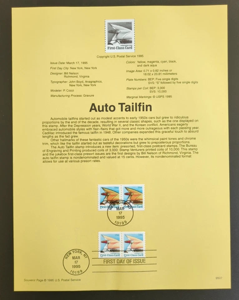 15c Auto Tailfin 1995 SOUVENIR PAGE SCOTT # 2908 2909 SP1103 - Image 1 of 1