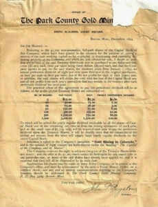 PARK COUNTY GOLD MINING CO ALMA 1894 PLAN DE COMPRA DE ACCIONES BIGELOW COLORADO - Imagen 1 de 2