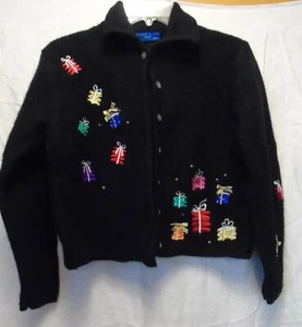 Black Wool Christmas Sweater Karen Scott Sport Women's Petite Large Embellished - Picture 1 of 9