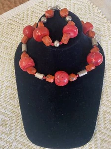 VTG 925 Sterling Silver Heavy Chunky Red Coral 16" Necklace & 8" Bracelet Set - Picture 1 of 9