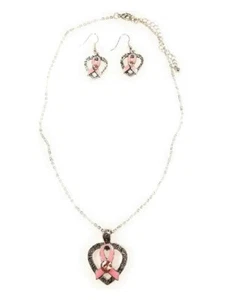 Conjunto de joyas de concientización sobre el cáncer de mama brillante collar cinta rosa - Imagen 1 de 1