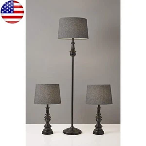 Bronze Lamp Set 2 Table/1 Floor Lamp Herringbone Fabric Shades Nightstands Home - Picture 1 of 2