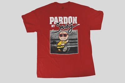 Peanuts Mens Charlie Brown Pardon My Swag Funny Red Shirt New L (42-46) - Image 1 of 4