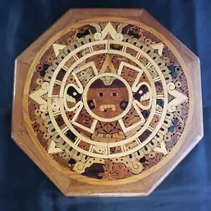 Aztekischer Maya-Kalender handgefertigte Holzeinlage 13 Zoll Achteck Wandkunst - Bild 1 von 8