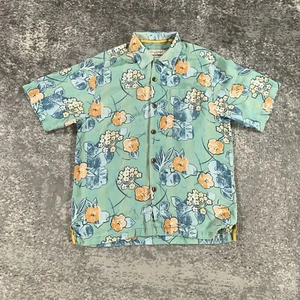 Tommy Bahama Hawaiian Shirt Mens Medium Green Silk Retro Floral Mod Loop Collar - Picture 1 of 12