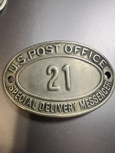 VTG USPS Special Delivery Messenger Metal Badge #21 for US Mail Carrier Hat Cap - Picture 1 of 2
