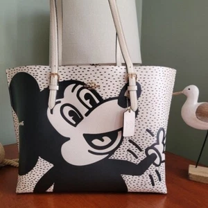 Coach Disney Mickey Mouse X Keith Haring Mollie Tote Black & White Leather C6978 - Picture 1 of 16