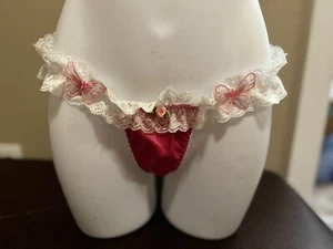 T-Back String Ruffle Red and White Satin Sissy Panties, Unbranded Size L, NWOT - Picture 1 of 4