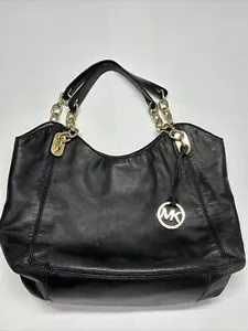 Retro Michael Kors Gently Used Black Leather Gold Chain Straps Handbag & Charm - Picture 1 of 24