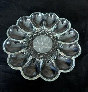 Vintage Holiday Christmas Glass Deviled Egg Plate Platter Frosted Poinsettia - Picture 1 of 4