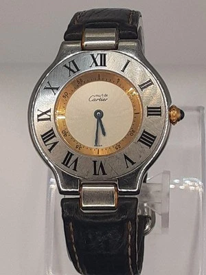 CARTIER Must 21 relógio unissex prata quartzo ouro mostrador romano 31 mm funcionando vintage - Imagem 1 de 4