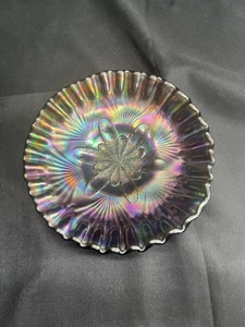 Antique Vintage Dugan Amethyst Petal & Fan Carnival Glass Crimped Edge Dish - Picture 1 of 10