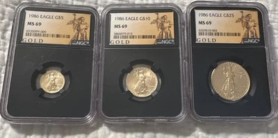 1986 GOLD AMERICAN EAGLE $25 $10 & $5 COINS NGC ALL MS 69 - 1/2 1/4 & 1/10oz - Image 1 of 4