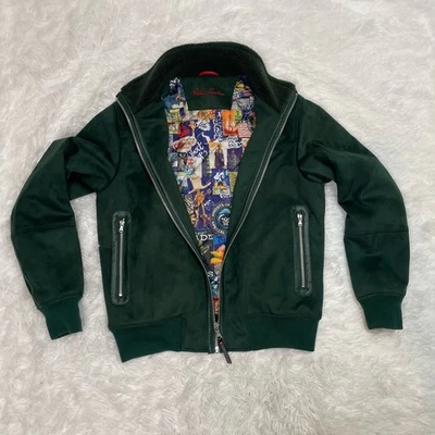 Robert Graham Vegan Suede Bomber Jacket Men’s Size S Small Green Printed Lined - Image 1 of 4