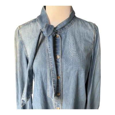 Scoop Denim Chambray Buttons Tie Front Bow Neck Women’s Top Medium 8-10 Western - Image 1 of 4