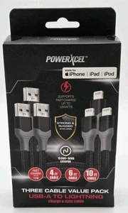 POWERXCEL 3 Cable Value Pack Type C - 4ft 6ft 10 Ft ,Iphone,Ipad,ipod 15k+bend - Picture 1 of 3