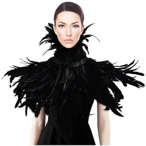 GOTH RAVE VILLAIN Witch Feather Neck Ruff Cape Shawl Neckpiece in Black Feather - Picture 1 of 5
