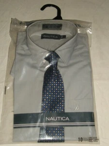 NEW BOYS NAUTICA SOLID GRAY COTTON/POLY L/S DRESS SHIRT W/BLUE DOT CLIPON TIE 10 - Picture 1 of 2