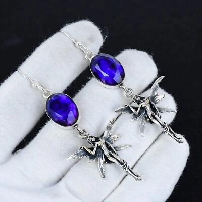 Zaffiro Blu Orecchini Creato IN Laboratorio Gemma 925 Argento Gioielli Per Amore - Immagine 1 di 4