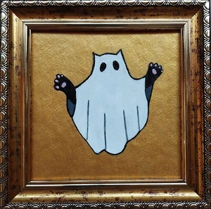 Geist einer Katze Gemälde Halloween Handarbeit Original Wandbild gerahmt kleines Kunstwerk - Bild 1 von 11