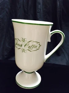 St PATRICKS Gold Irish 🍀 Shamrock Coffee Pedestal Mug -Cup 5 1/2"T WHITE GLASS - Picture 1 of 3