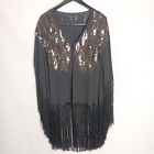 Sheri Bodell 100% Silk Black Sequin Fringe Kimono slv Duster Cardigan Jacket M