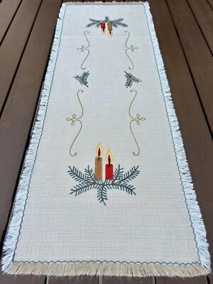 Vtg GLORIOUS CHRISTMAS GERMAN EMBROIDERED RUNNER Candle 39"x14" - Image 1 of 4