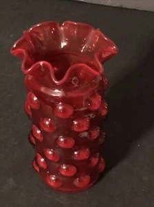 Vintage BISCHOFF Art GLASS Hand Blown HOBNAIL Bubble VASE Ruffled Rim RUBY RED - Picture 1 of 6