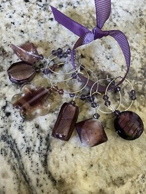  PURPLE  Wine Charms. Set Of 6, CAN CUSTOMIZE. GREAT GIFTS.   LADIES WINE PARTY - Image 1 of 3