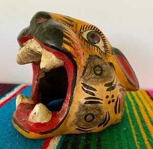 Arte popular mexicano madera tallada jaguar leopardo cabeza de gato león máscara facial Guerrero 5" - Imagen 1 de 11