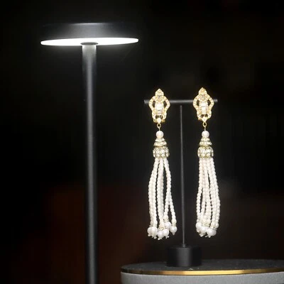 Ohrringe Clip On Golden Lang Quaste False Perle Weiß Art Déco QD5 - Bild 1 von 4