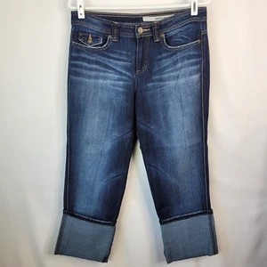 DKNY Womens Capri Denim Jeans Size 8 Whiskered Faded Dark Wash Wide Cuff Pockets - Picture 1 of 15