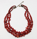 Dyed Red Bamboo Coral Multi 3 Strand Statement Necklace 17.5" Long Boho